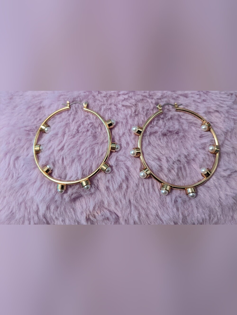 Betsey Johnson Earrings Faux Pearl Gold Tone  Hoops